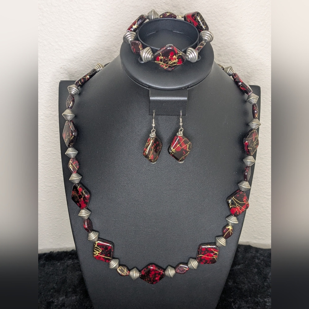 Bold Abstract Red & Gold Statement Jewelry Set - Necklace, Bracelet, Earrings
